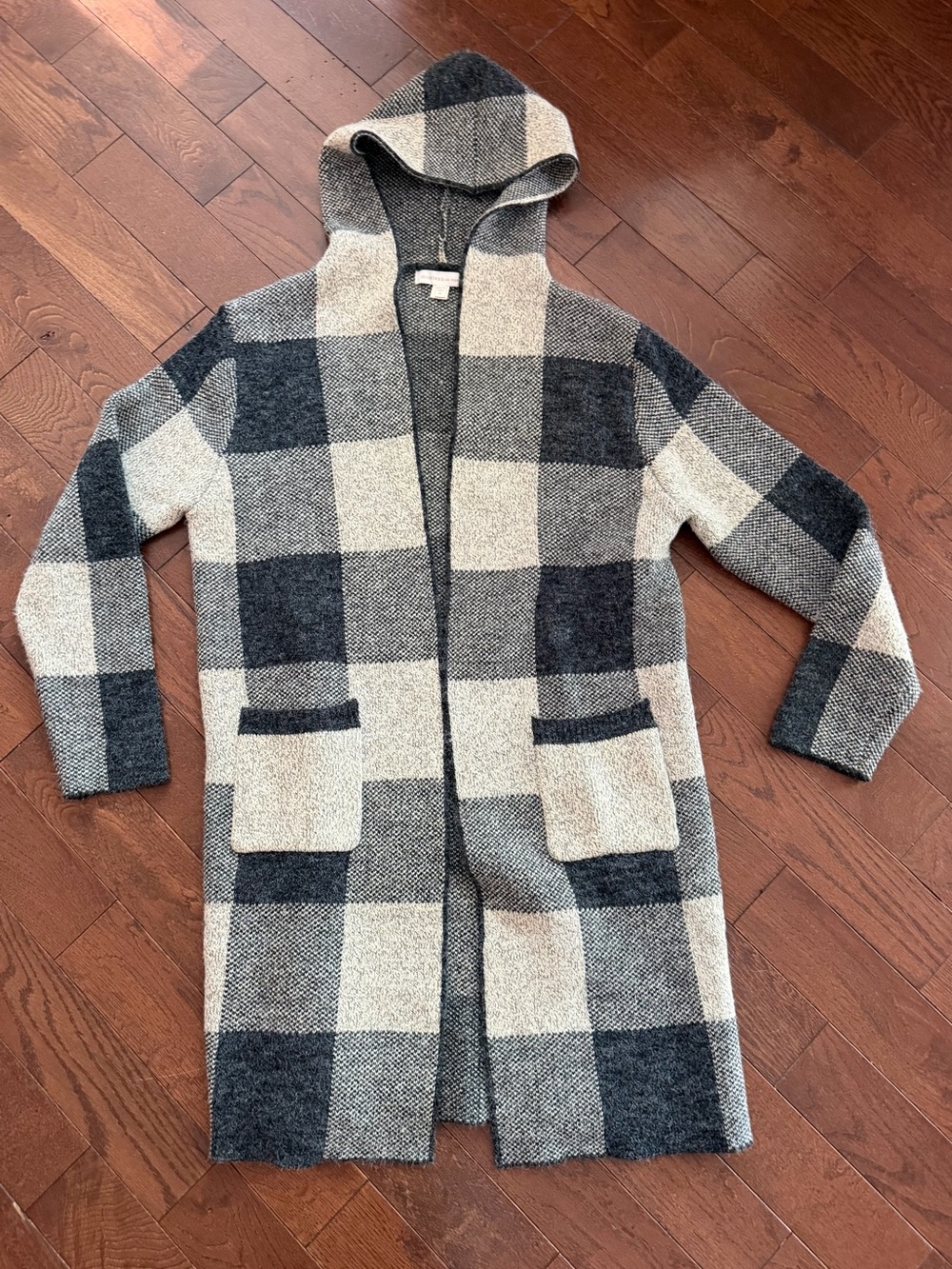 Women’s MED Hooded Navy Blue Buffalo Check Open-Front Sweater - Long Duster